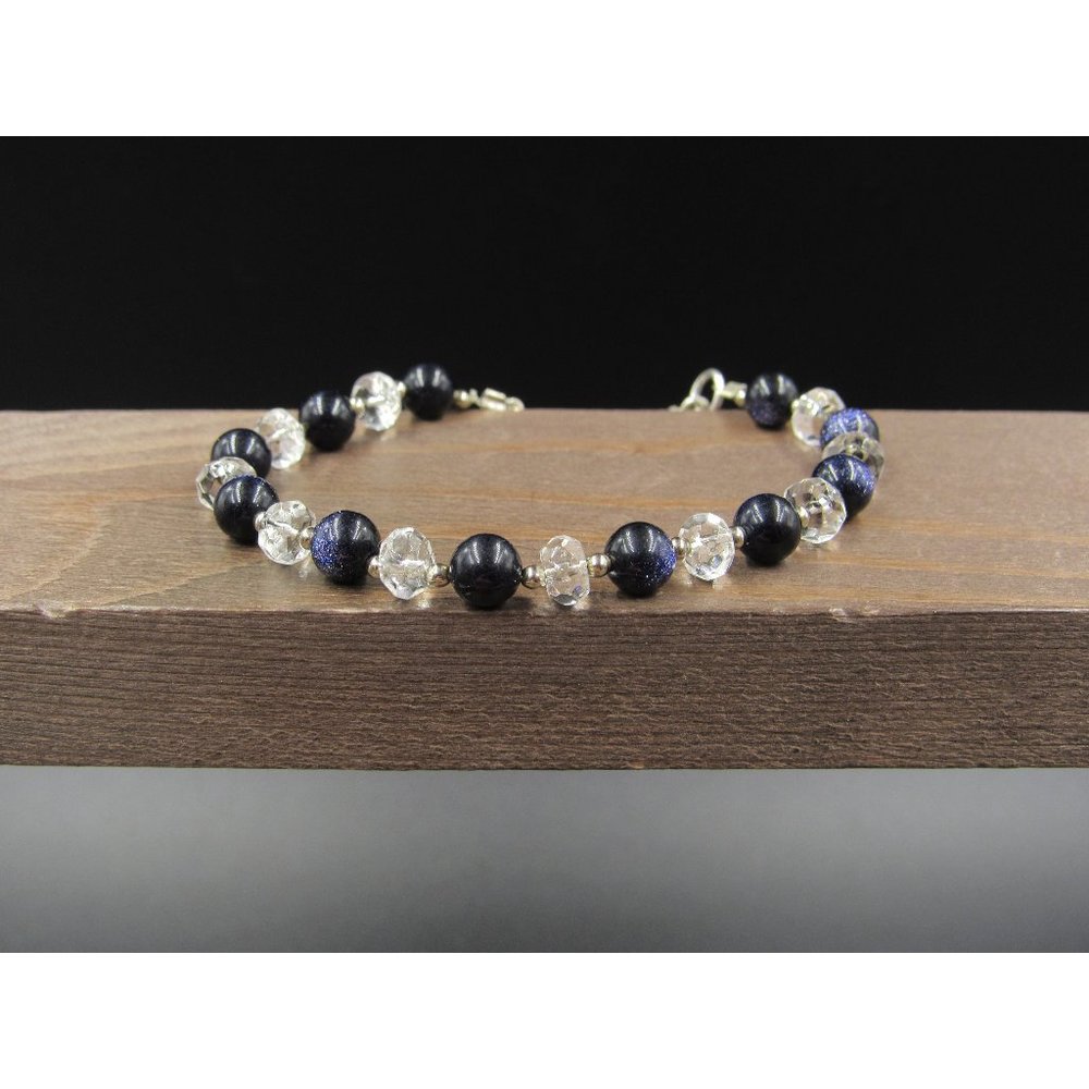 7" Sterling Silver Blue Black And Clear Glass Orbs Bracelet Vintage Elegant